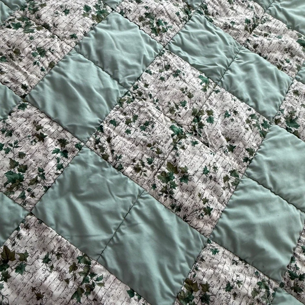 Vintage 80s Green Patchwork Quilt Throw 55x66 Cottage Farmhouse
